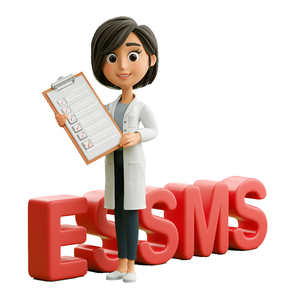 Mascotte de l'Annuaire ESSMS : une évaluatrice qualité tenant une grille d'évaluation